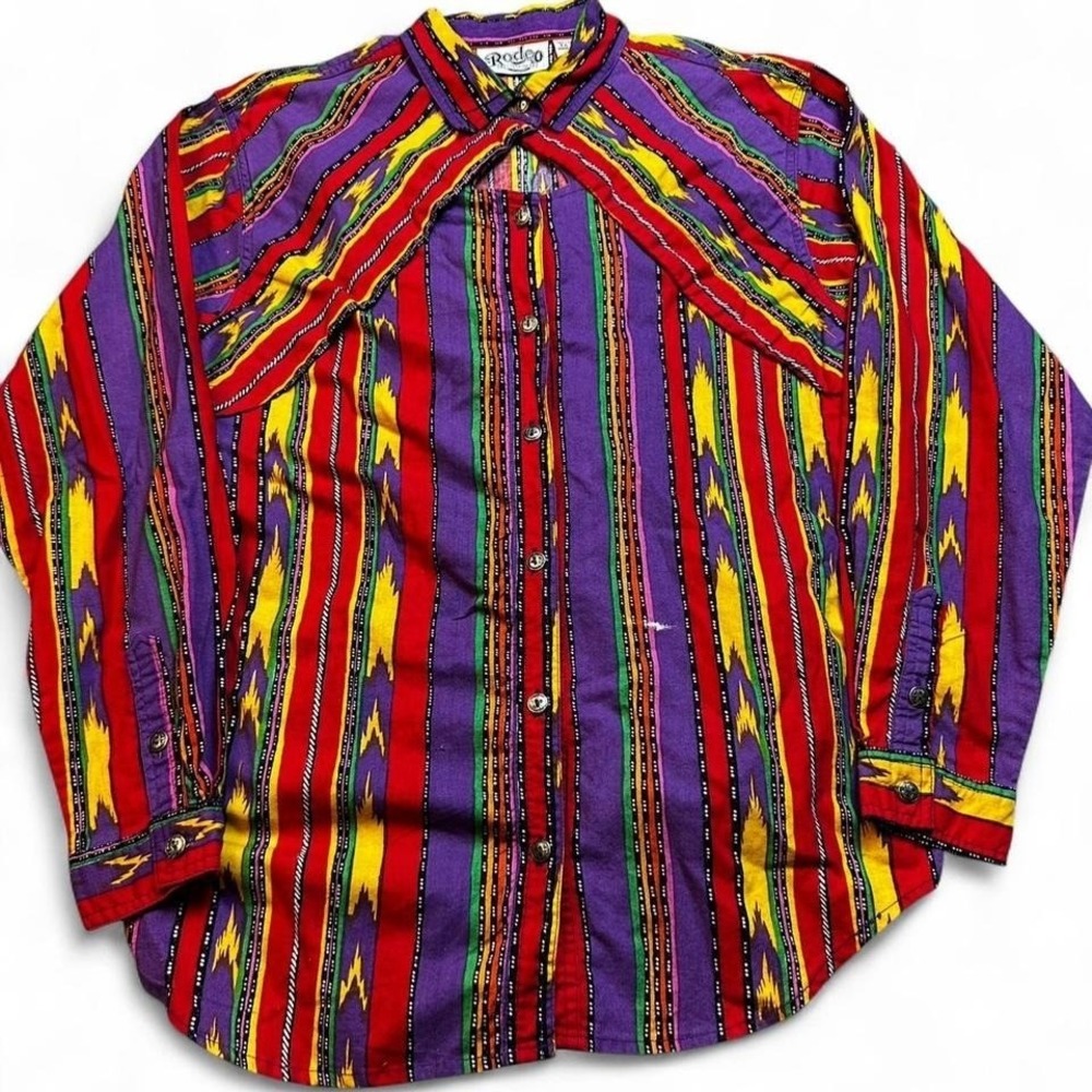 Vintage multicolor‎ western cowgirl rodeo geometric button shirt medium
